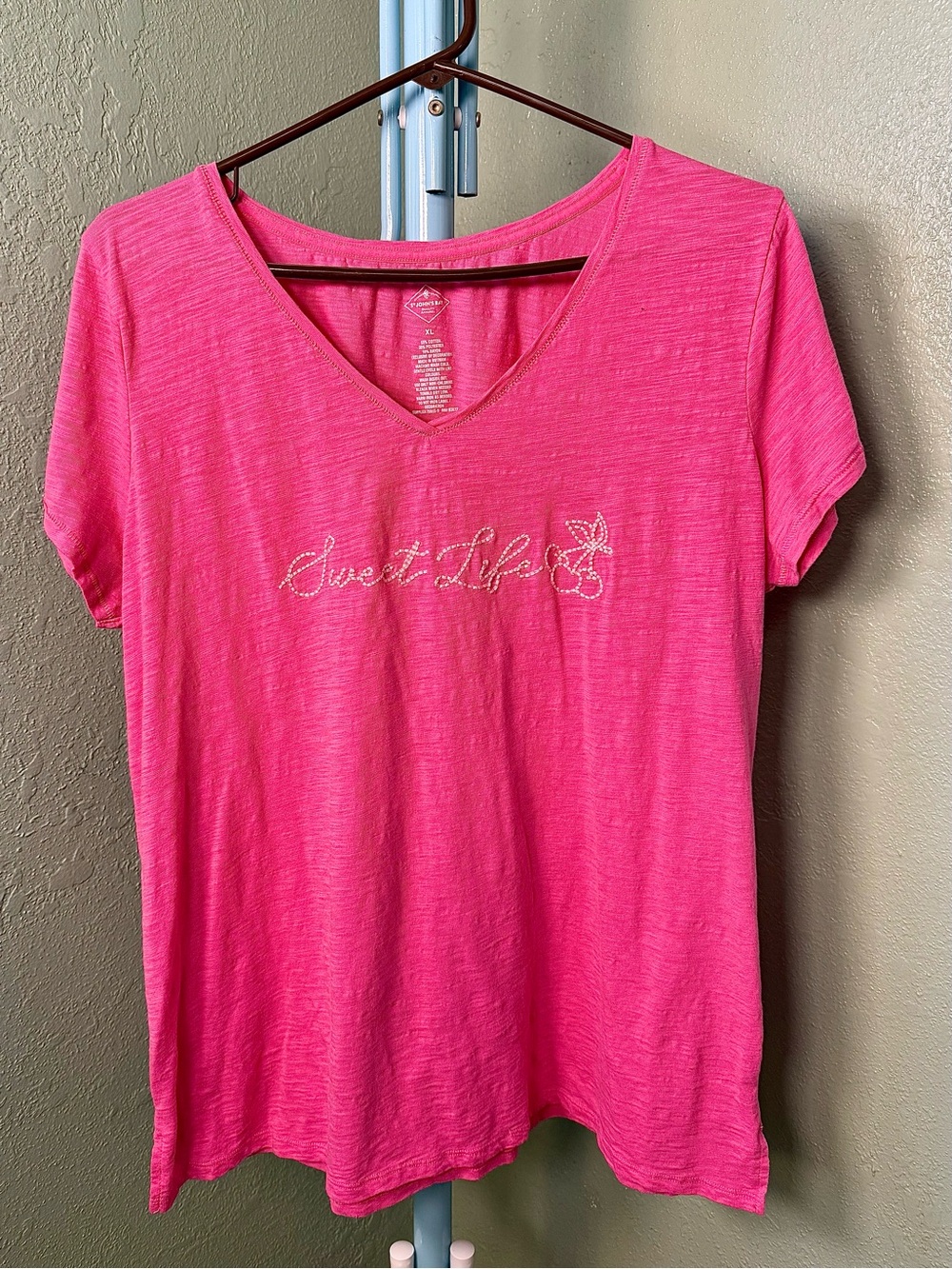 St. John's Bay Bright Pink V-Neck Tee with Rhinestone Script